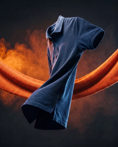 Polo azul-marinho com a logo no peito, atravessada por um arco de malha laranja