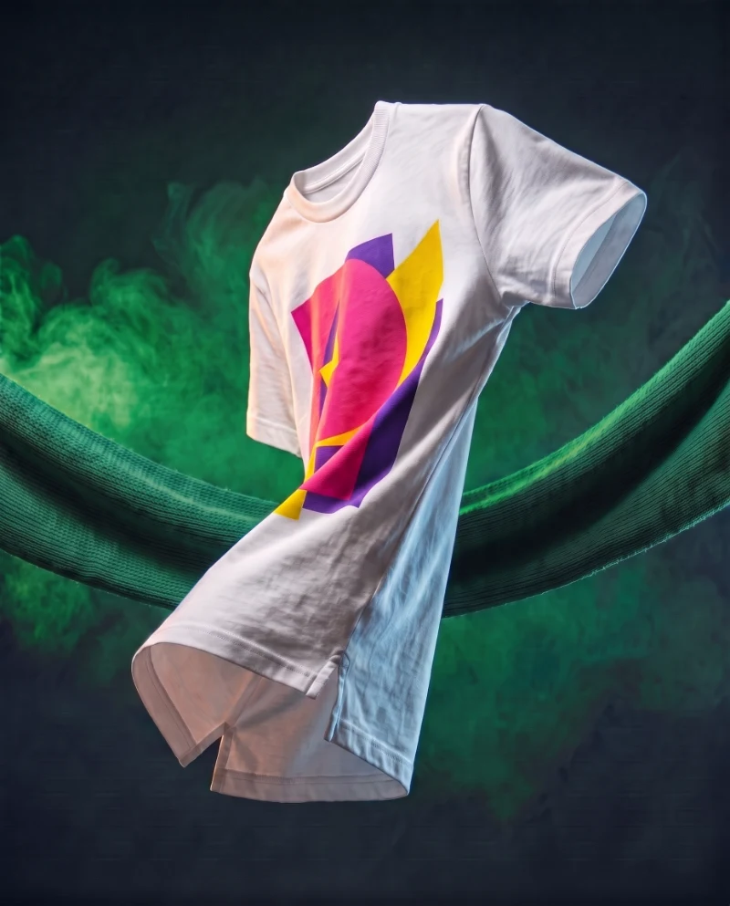 Camiseta branca com estampa colorida, atravessada por um arco de malha verde