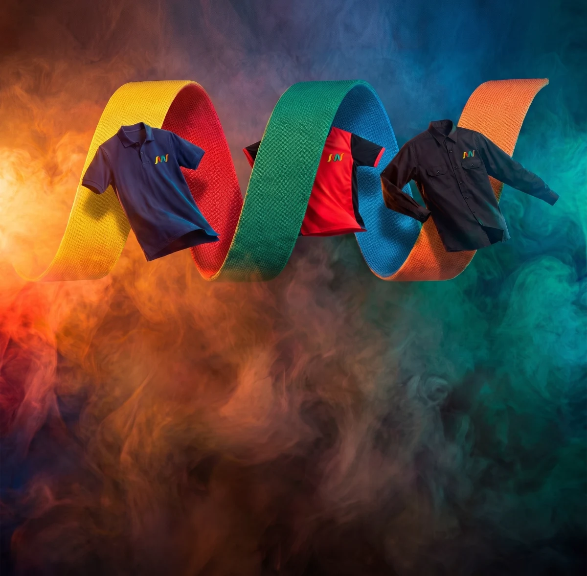 Três peças com a logo da Estampas e Cores dentro de uma fita de malha nas cinco cores da marca
