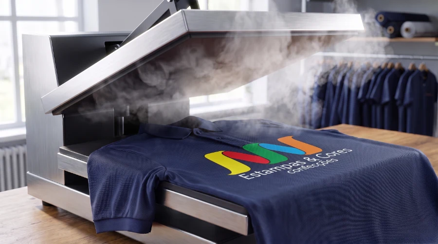 Prensa térmica aberta com uma polo azul-marinho recém estampada com a logo